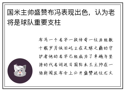 国米主帅盛赞布冯表现出色，认为老将是球队重要支柱