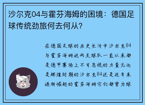 沙尔克04与霍芬海姆的困境：德国足球传统劲旅何去何从？