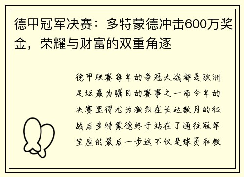 德甲冠军决赛：多特蒙德冲击600万奖金，荣耀与财富的双重角逐