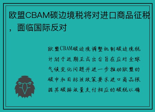 欧盟CBAM碳边境税将对进口商品征税，面临国际反对