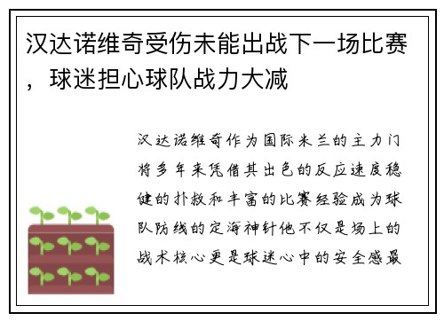 汉达诺维奇受伤未能出战下一场比赛，球迷担心球队战力大减